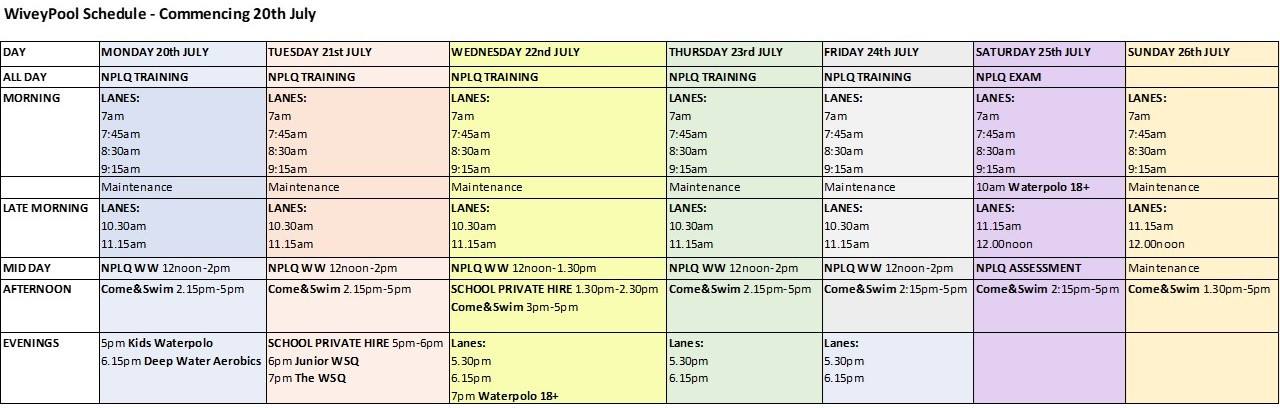 WiveyPool Schedule 20th July 2026 revised
