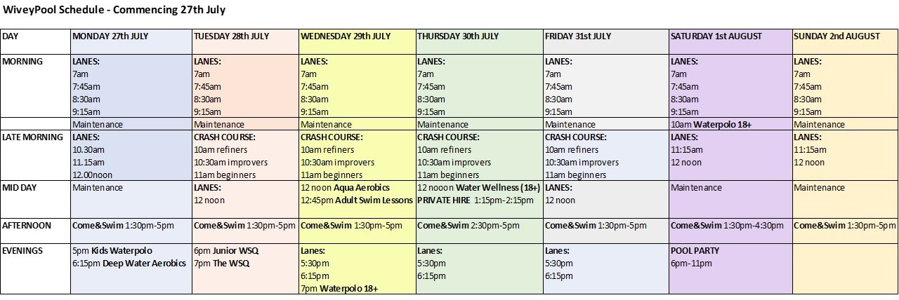 WiveyPool Schedule 27th July 2026 revised